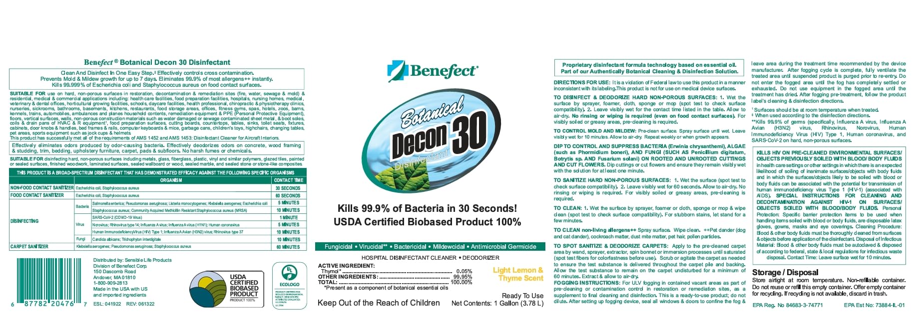 Benefect Botanical Decon 30 Disinfectant Cleaner

