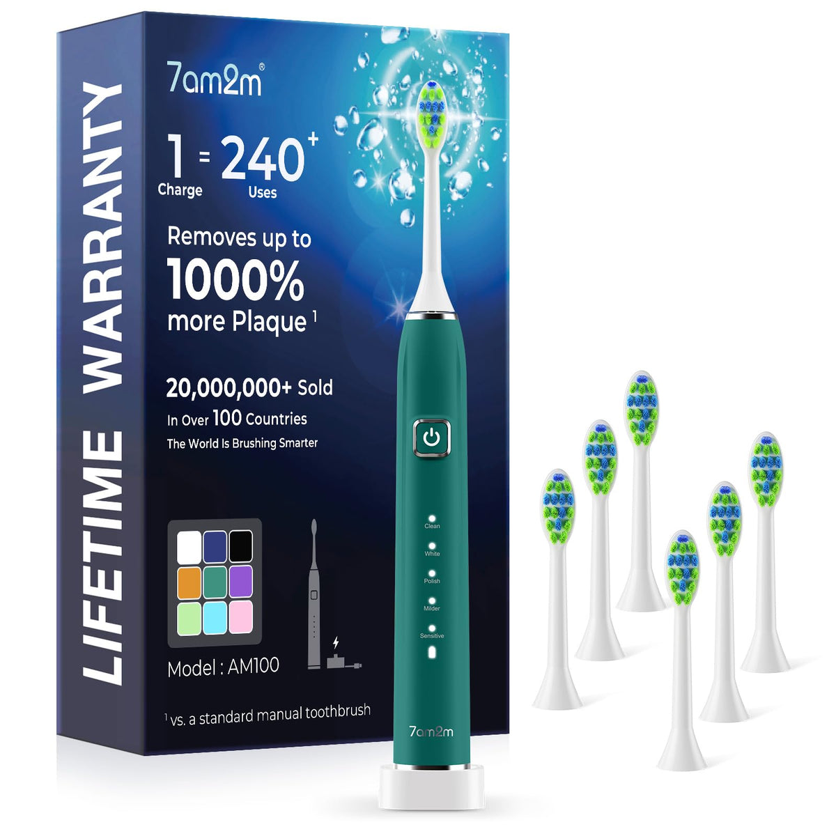 7AM2M Sonic Electric Toothbrush with 6 Brush Heads, 120-Day Battery, 5 Modes