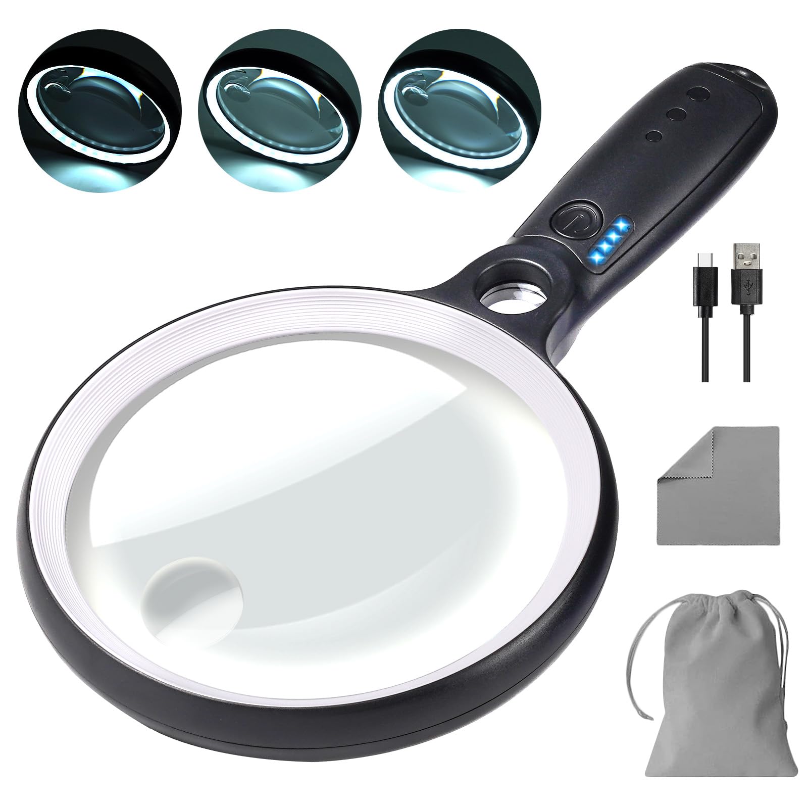 5.2-Inch Lighted Magnifying Glass with Rechargeable Battery for Reading