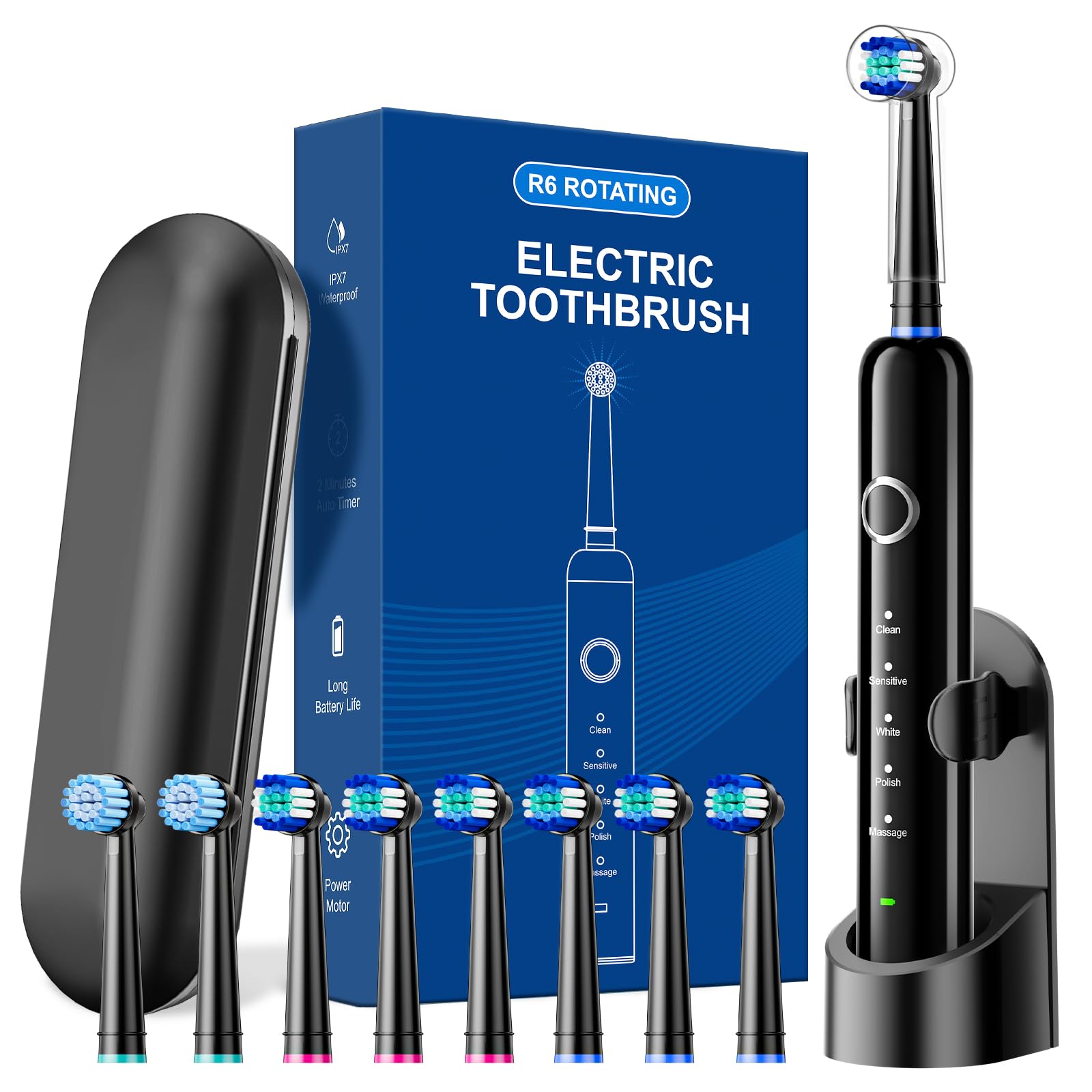 Rotating Electric Toothbrush for Adults with 8 Heads, Travel Case, 2-Min Timer, 5 Modes