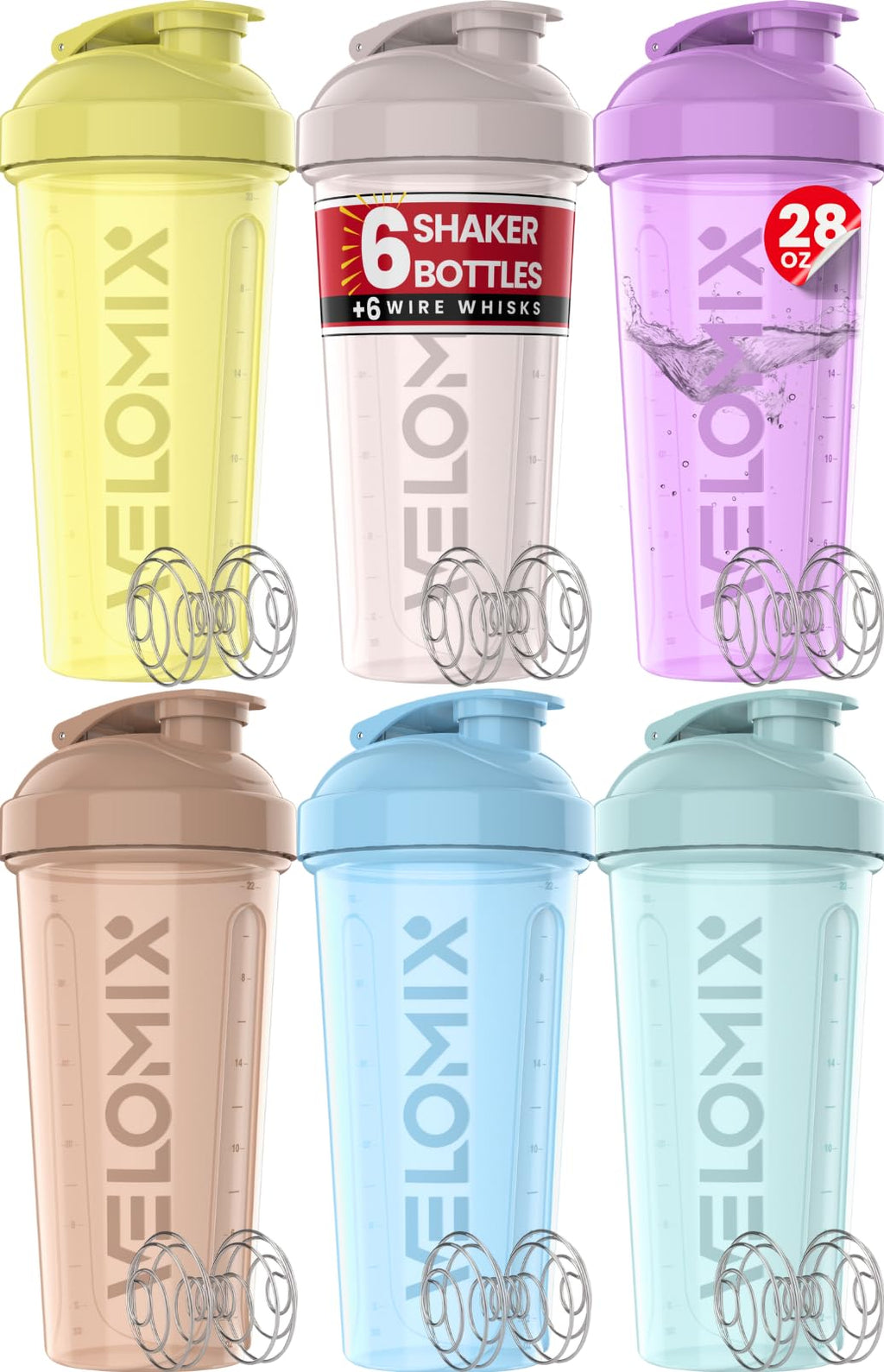 VELOMIX 28 oz Protein Shaker Bottle with 6 Wire Whisk Balls BPA-Free Leak-Proof