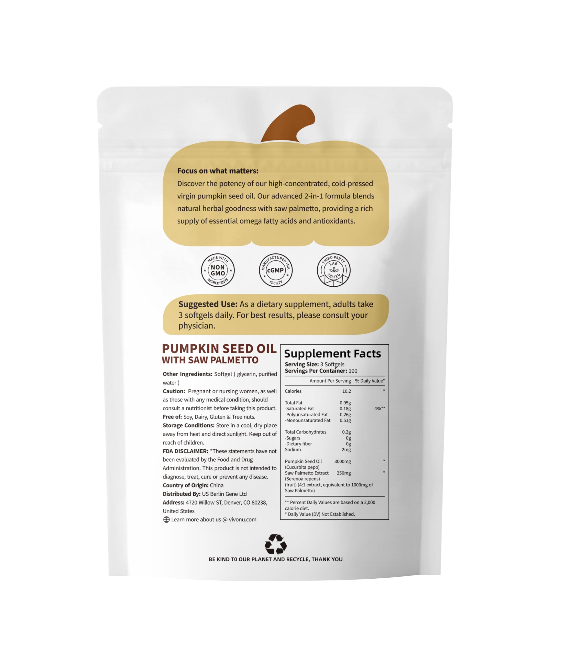 VivoNu Organic Pumpkin Seed Oil with Saw Palmetto Capsules

