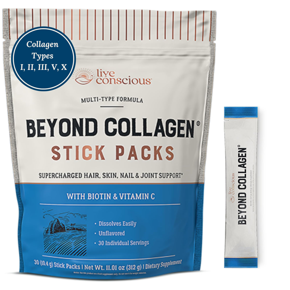 Live Conscious Collagen Peptides Powder – Hydrolyzed Type I & III, Grass-Fed