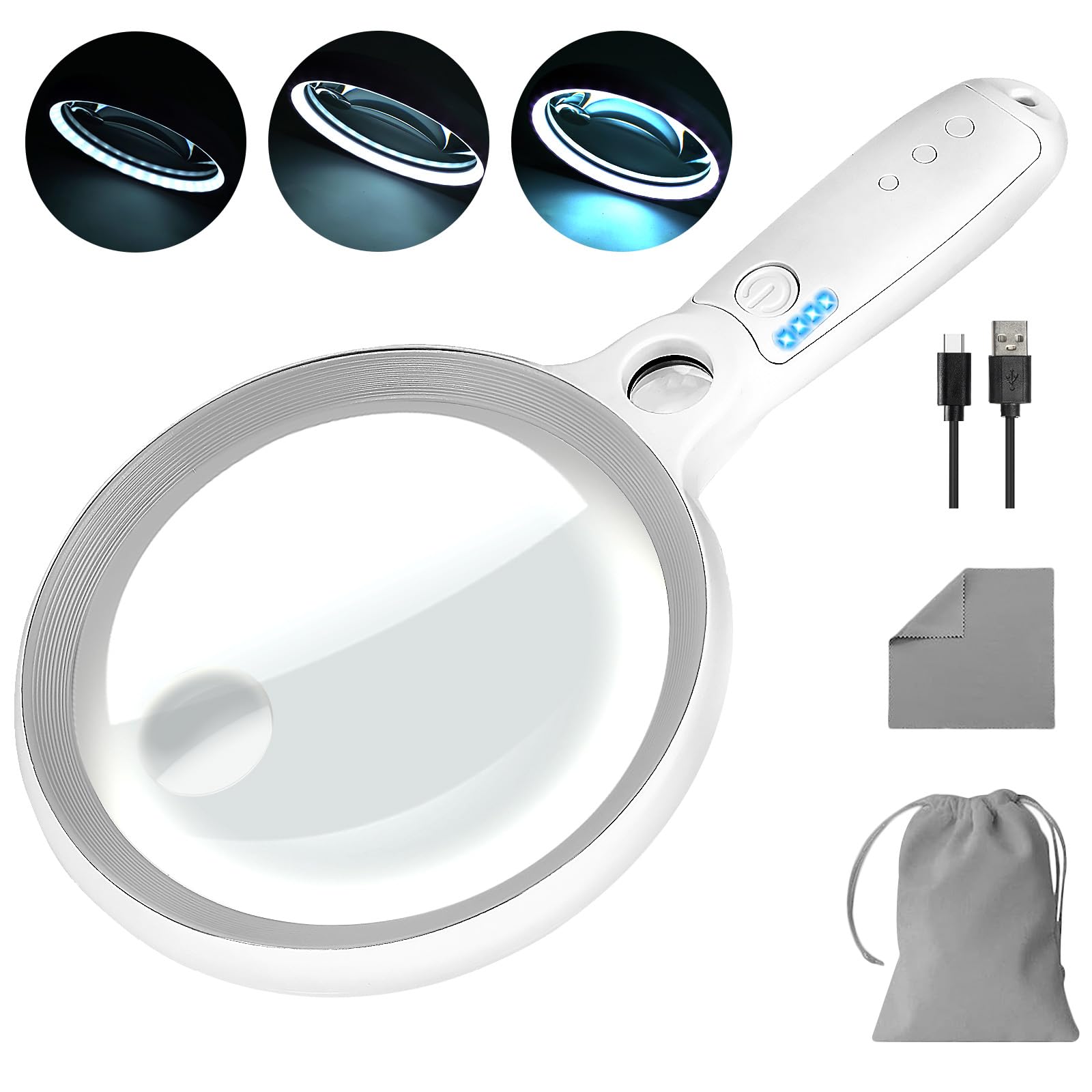 5.2-Inch Lighted Magnifying Glass with Rechargeable Battery for Reading