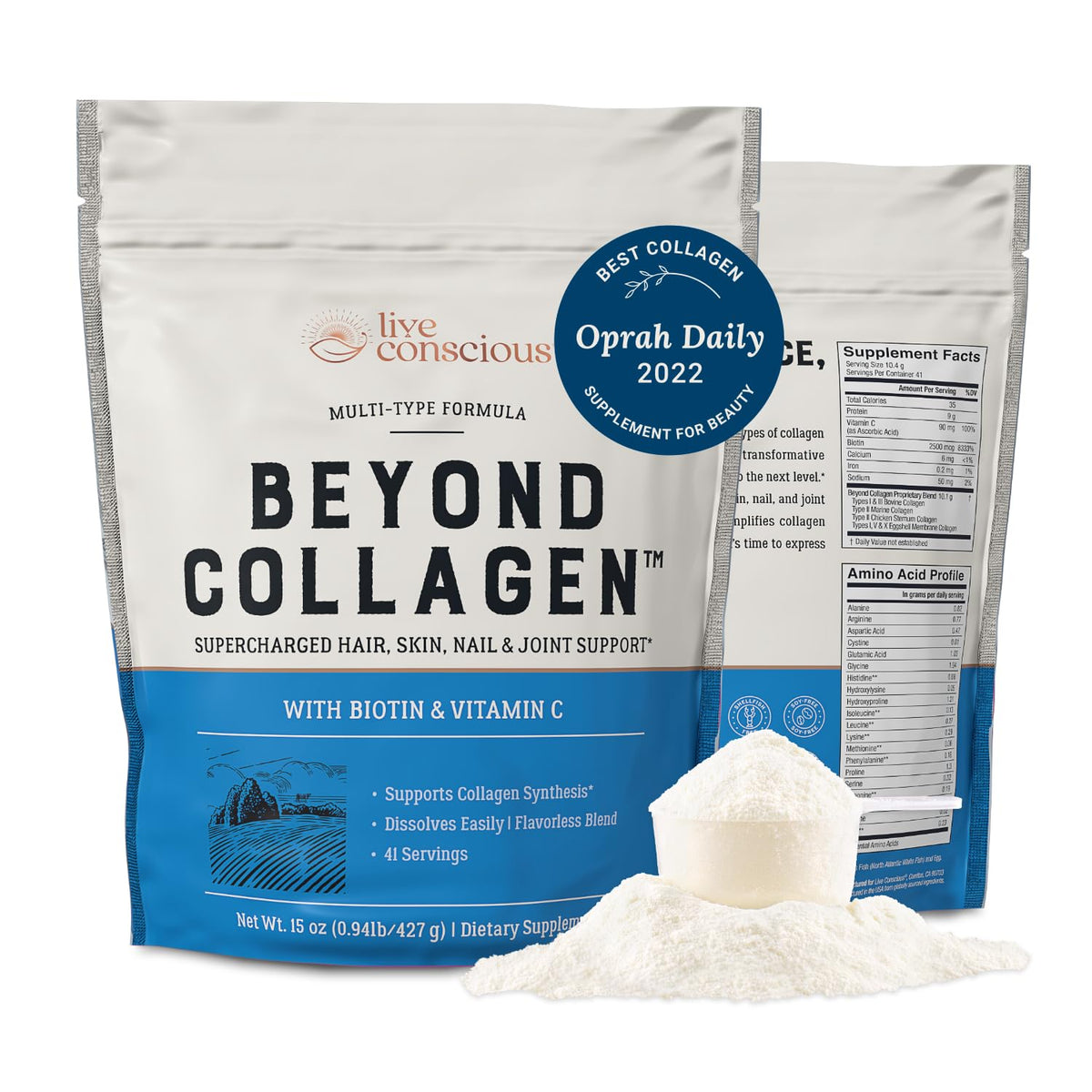 Live Conscious Collagen Peptides Powder – Hydrolyzed Type I & III, Grass-Fed