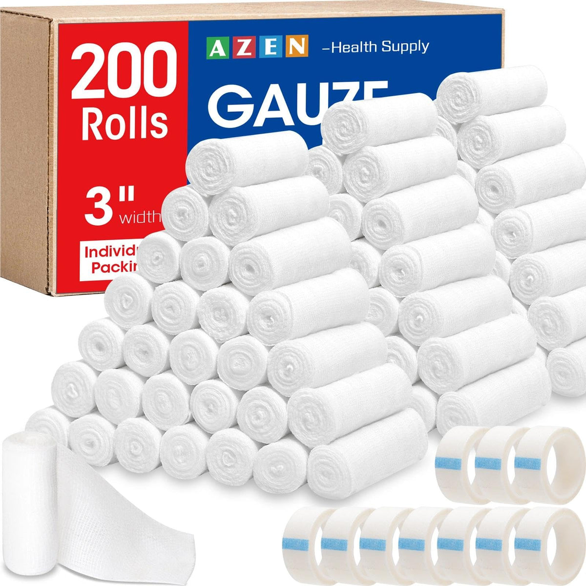 AZEN Gauze Roll Bandages for Wound Care - Non-Stick
