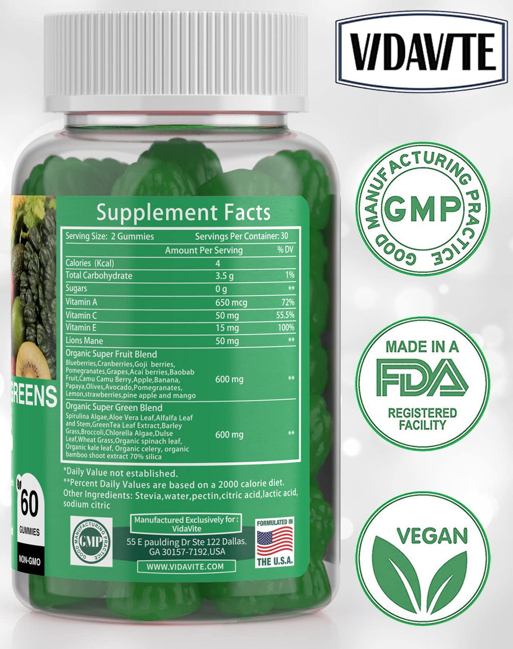 VIDAVITE Super Greens Gummies All-in-One Fruits & Veggies

