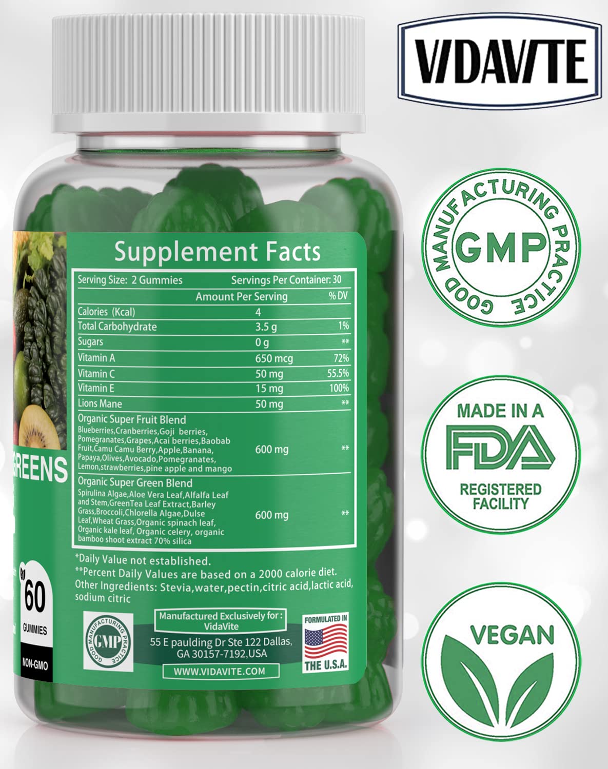 VIDAVITE Super Greens Gummies All-in-One Fruits & Veggies

