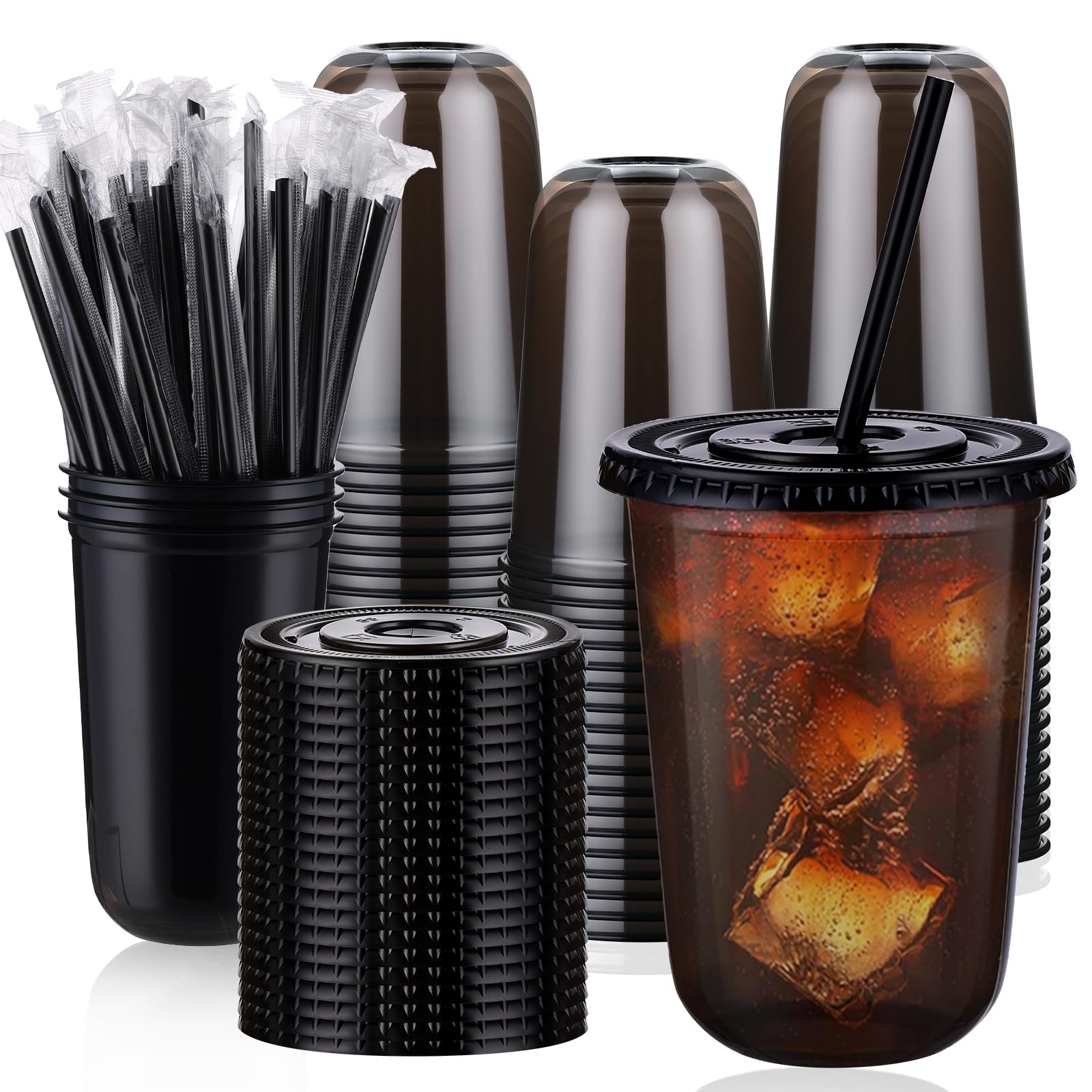 tchrules 100-Set Plastic Cups with Lids and Straws
