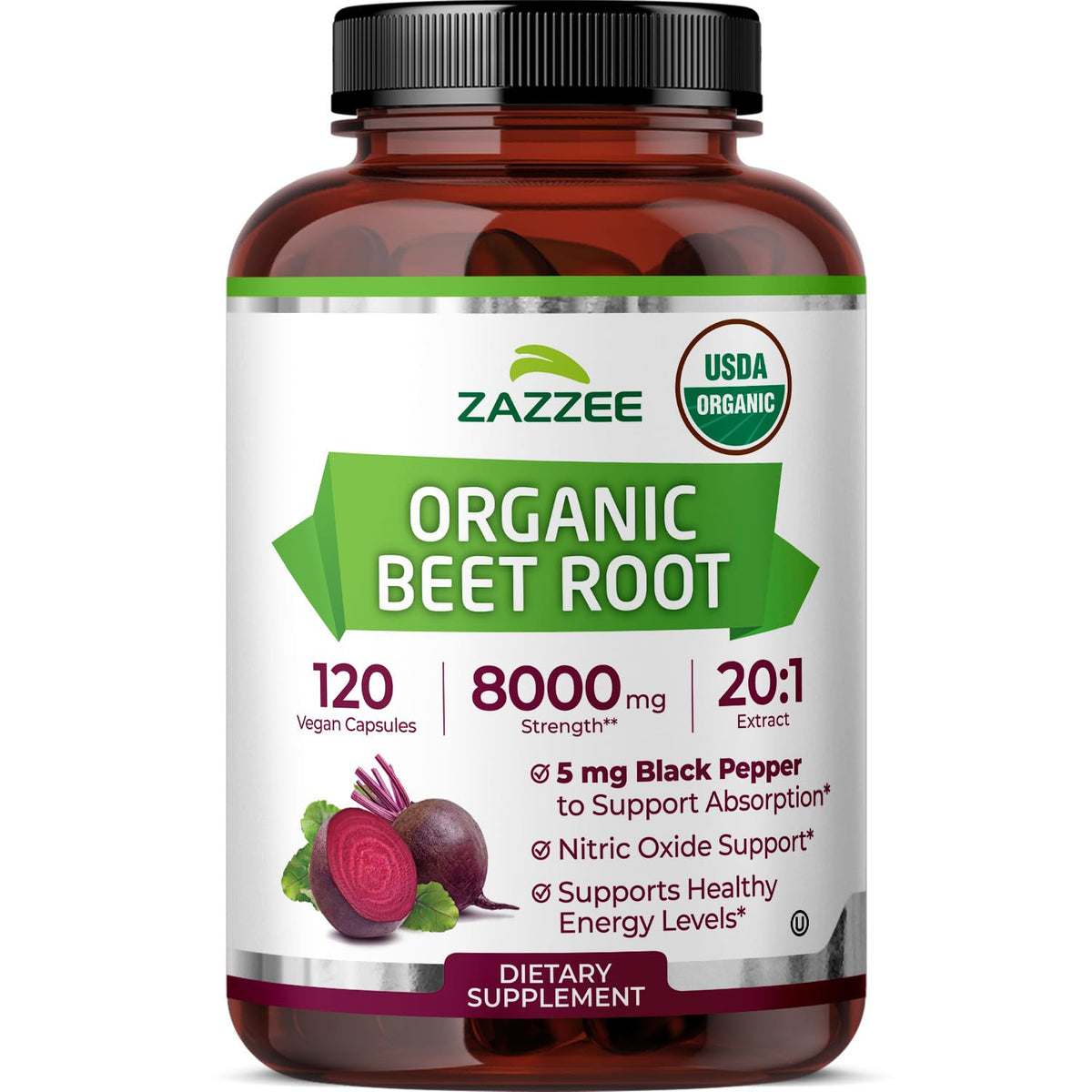 Zazzee USDA Organic Beet Root Extract 20:1 Capsules Nitric Oxide Support