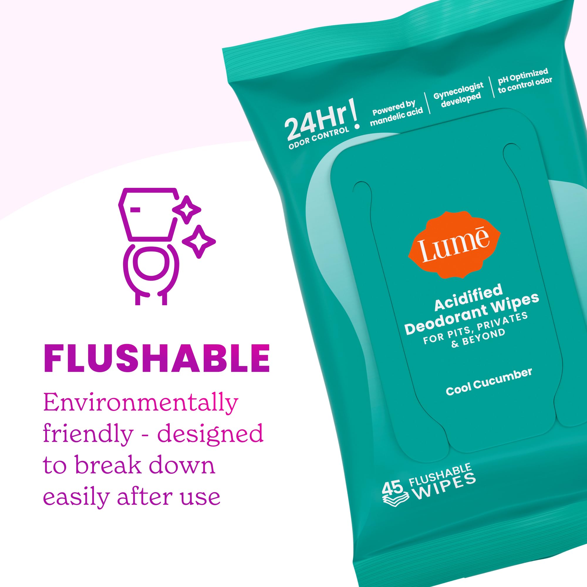 Lume Acidified Deodorant Wipes - 24 Hour Odor Control


