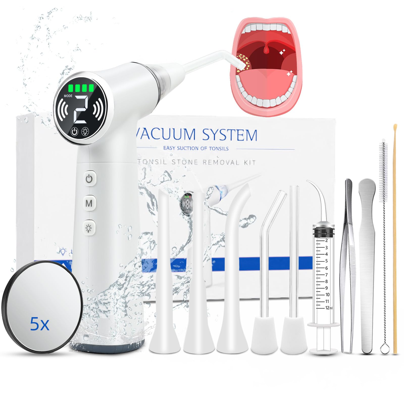 Upgraded Tonsil Stone Remover Tool - Rechargeable Vacuum with LED Light and 11-in-1 Probes