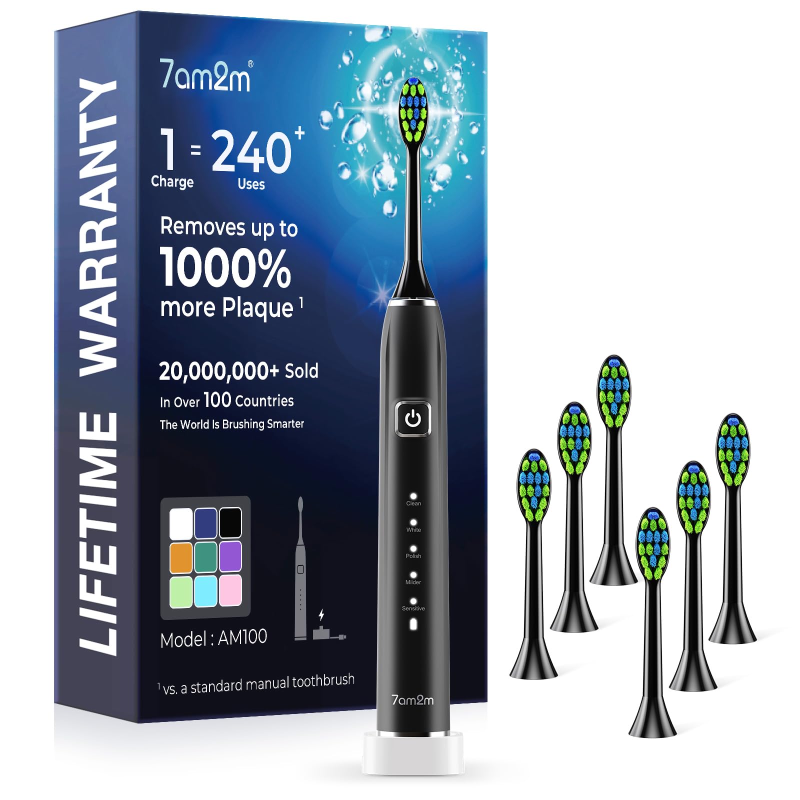 7AM2M Sonic Electric Toothbrush with 6 Brush Heads, 120-Day Battery, 5 Modes