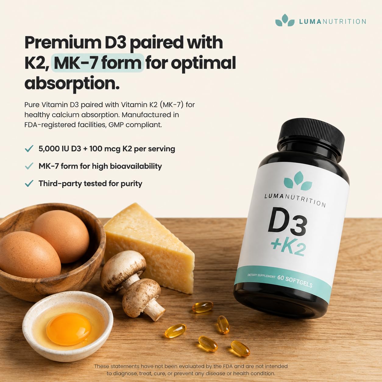 Luma Nutrition D3 + K2 10000 IU Vitamin for Bone Health

