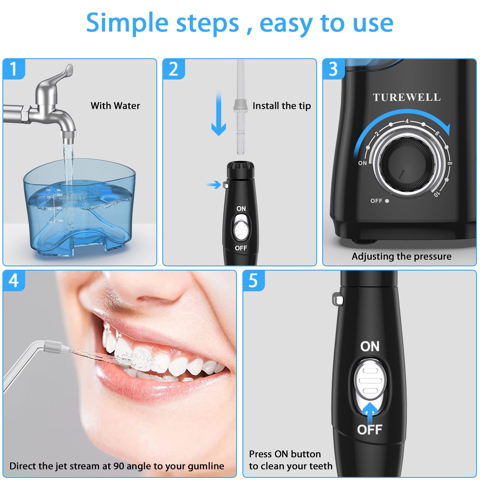 TUREWELL Water Dental Flosser | 8 Jet Tips

