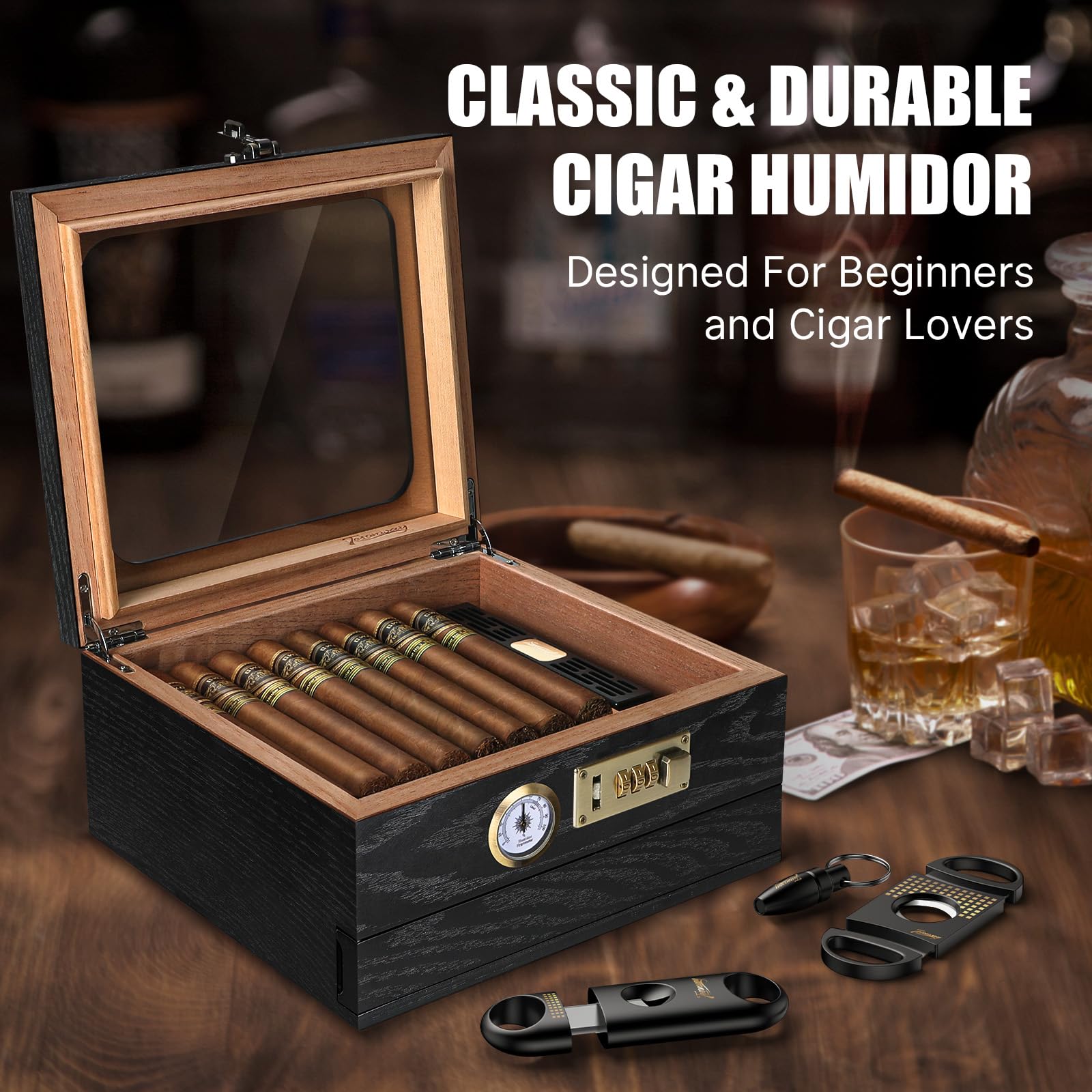 Tesonway Cedar Cigar Humidor with Glass Top

