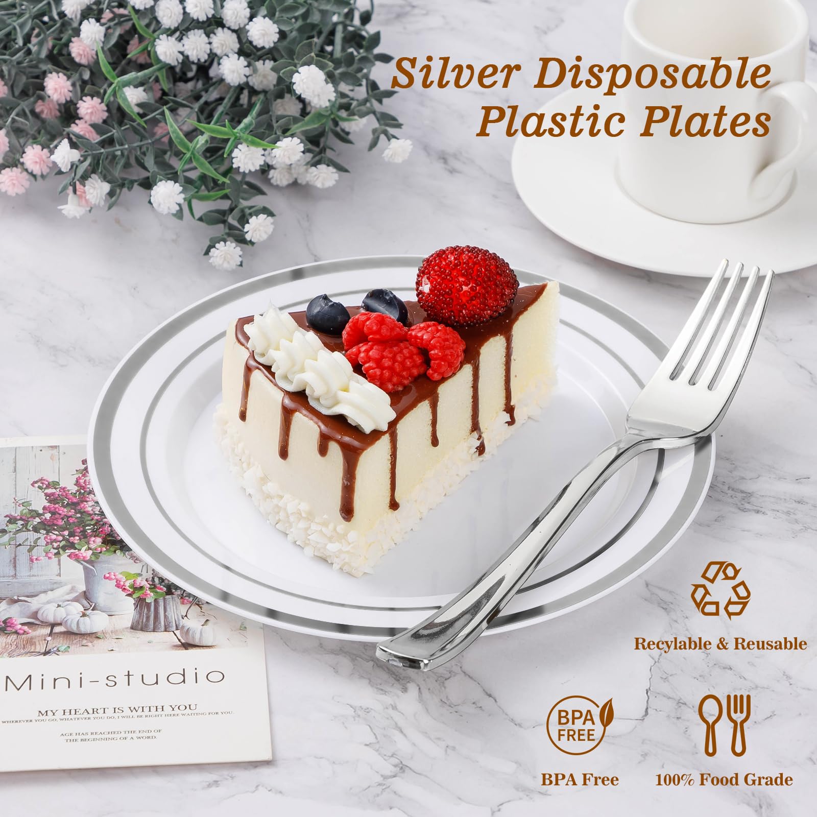 BESTVIP Disposable Plastic Plates with Rim

