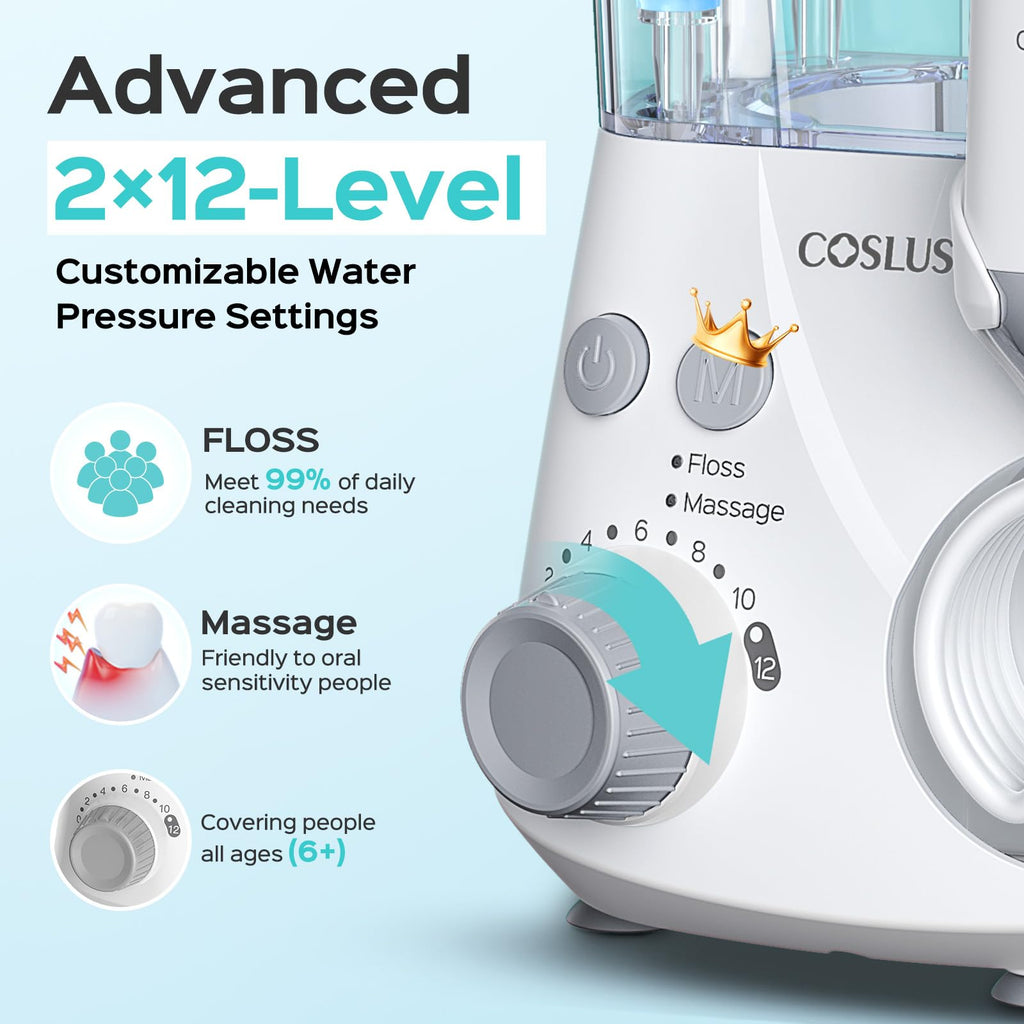 COSLUS E2 Water Flosser – 2 Modes, 12 Settings, 5 Tips

