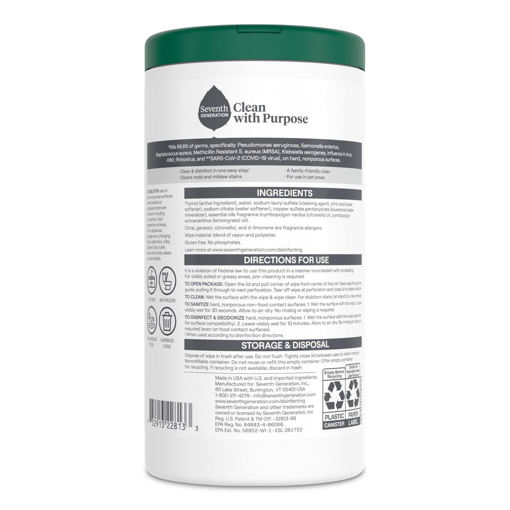 Seventh Generation Disinfecting Wipes Lemongrass Citrus

