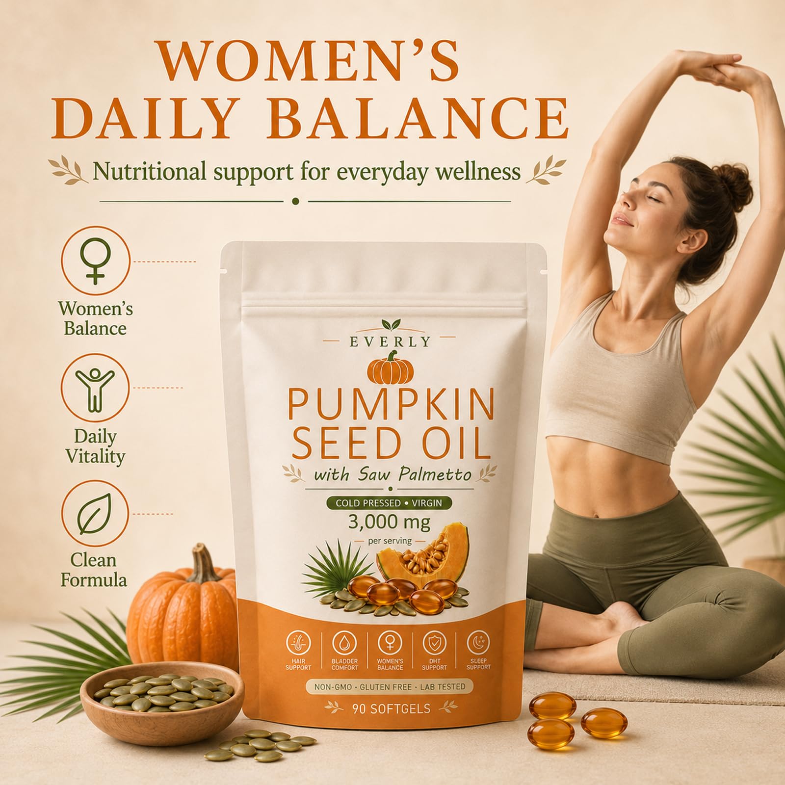 Everly Pumpkin Seed Oil with Saw Palmetto Softgels - Cold Pressed

