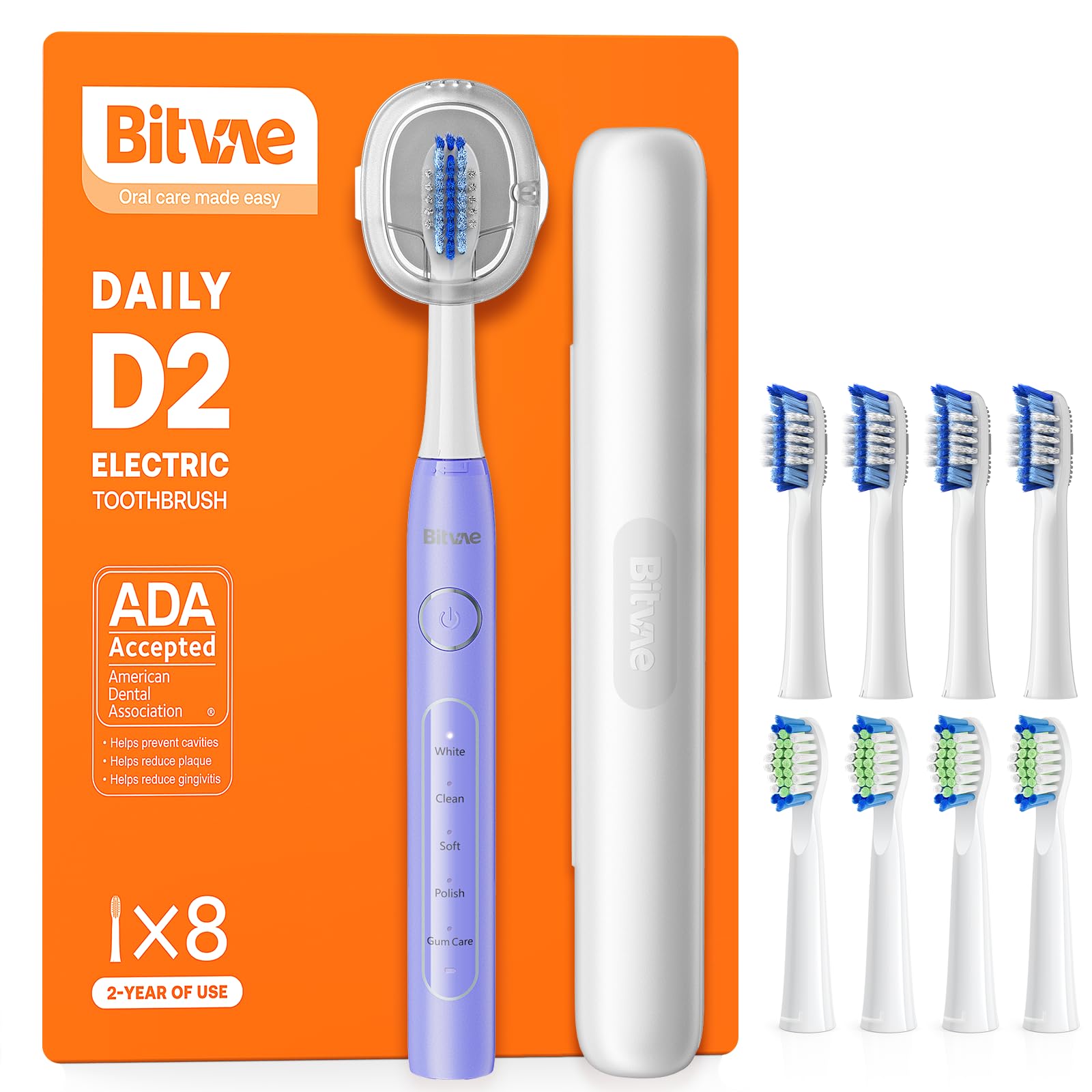 Bitvae Electric Toothbrush for Adults & Kids, Travel Rechargeable, 60-Day Battery, 5 Modes, 8 Heads