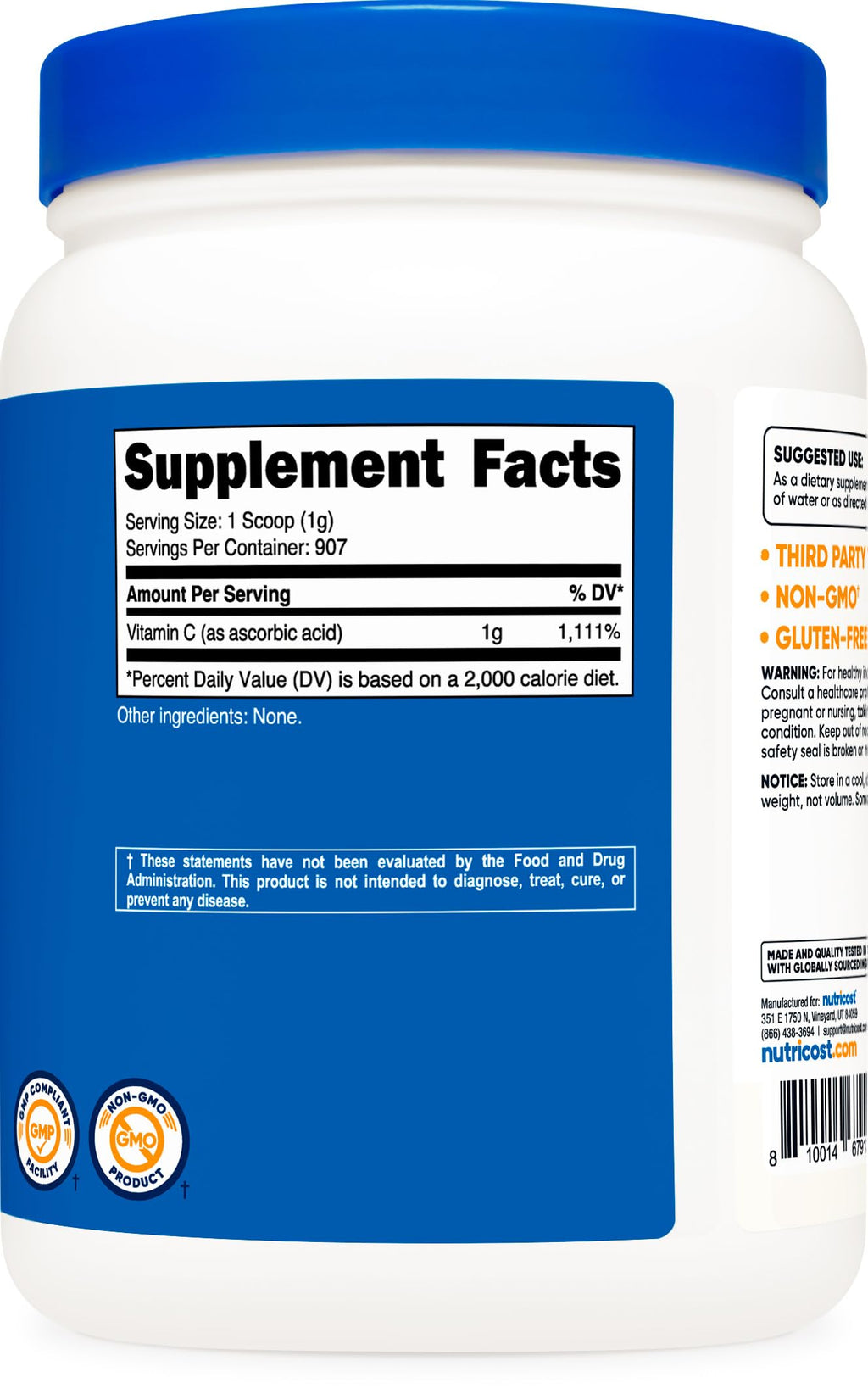 Nutricost Ascorbic Acid Powder Vitamin C Gluten Free Non-GMO

