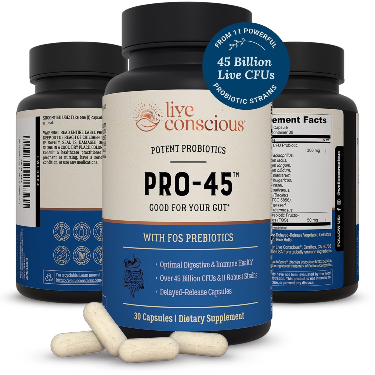 Live Conscious PRO45 Probiotics for Women & Men - 45B CFU Probiotic Supplement

