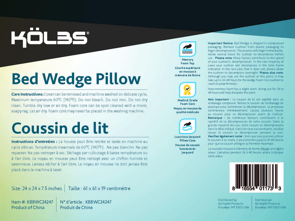 Kolbs Bed Wedge Pillow Memory Foam Top Layer Jacquard Cover

