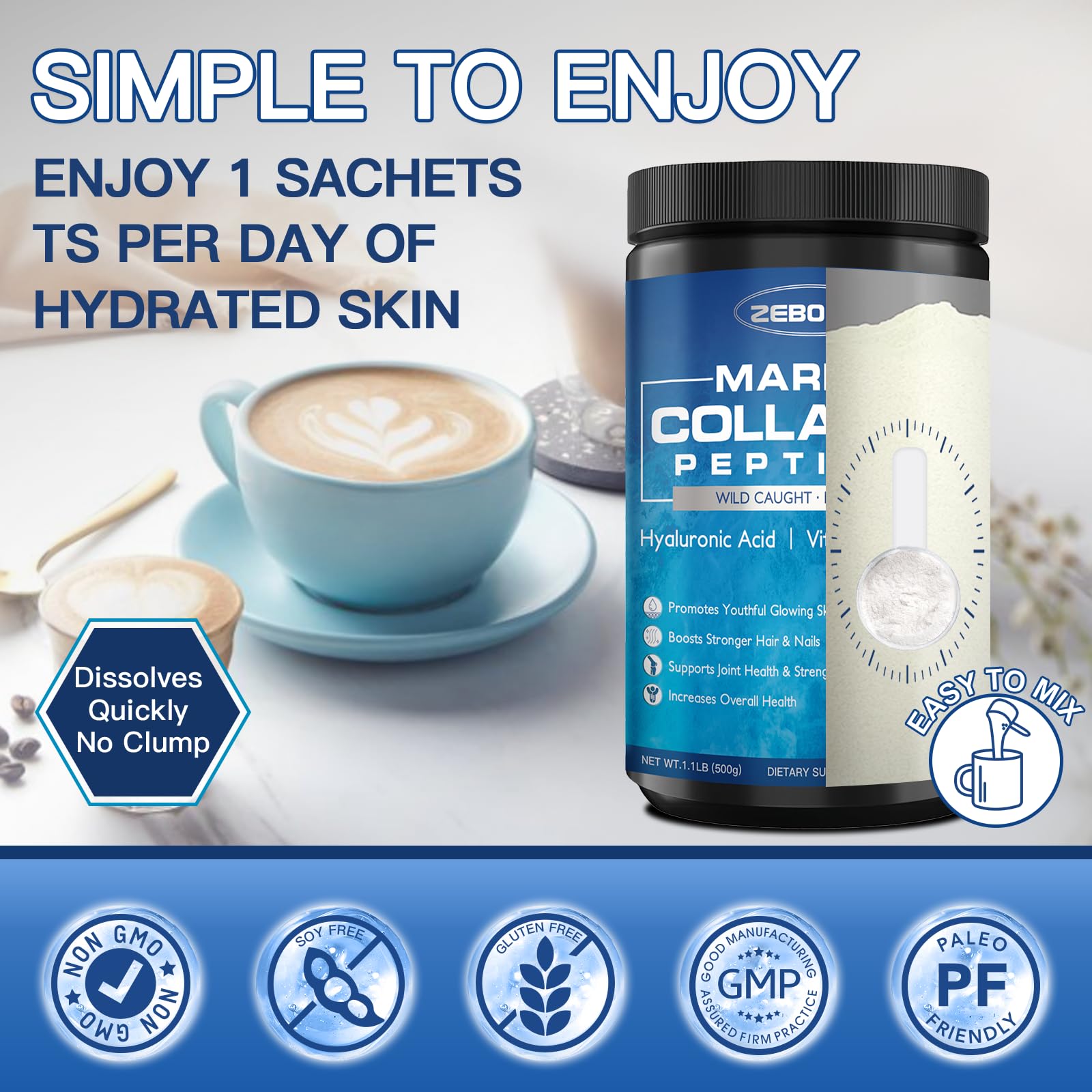 ZEBORA Marine Collagen Peptides Powder with Hyaluronic Acid

