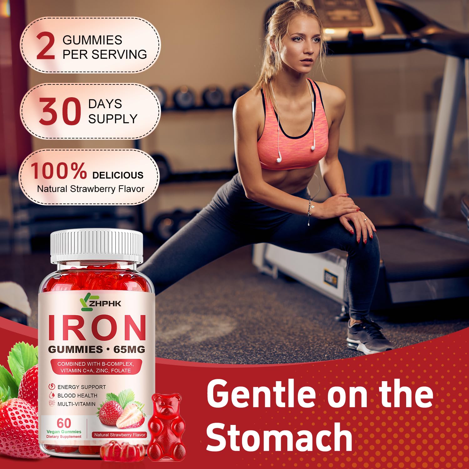 ZHPHK Iron Gummies – 65mg Iron with Folate, Gluten-Free

