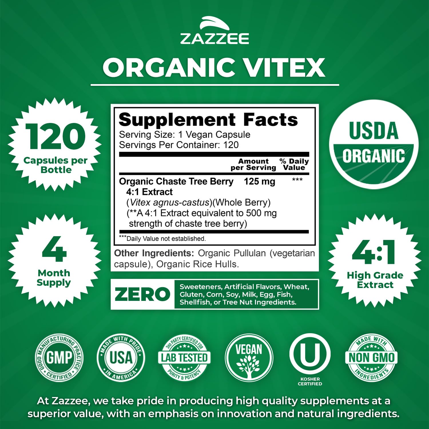 Zazzee USDA Organic Vitex Extract for Hormonal Balance

