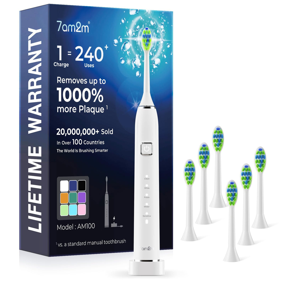 7AM2M Sonic Electric Toothbrush with 6 Brush Heads, 120-Day Battery, 5 Modes