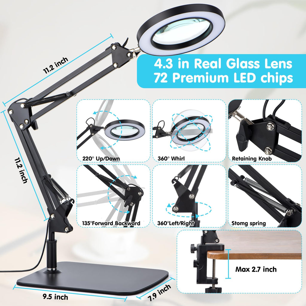 LED Magnifier Desk Lamp with 5-Dopter Lens - 3 Color Modes

