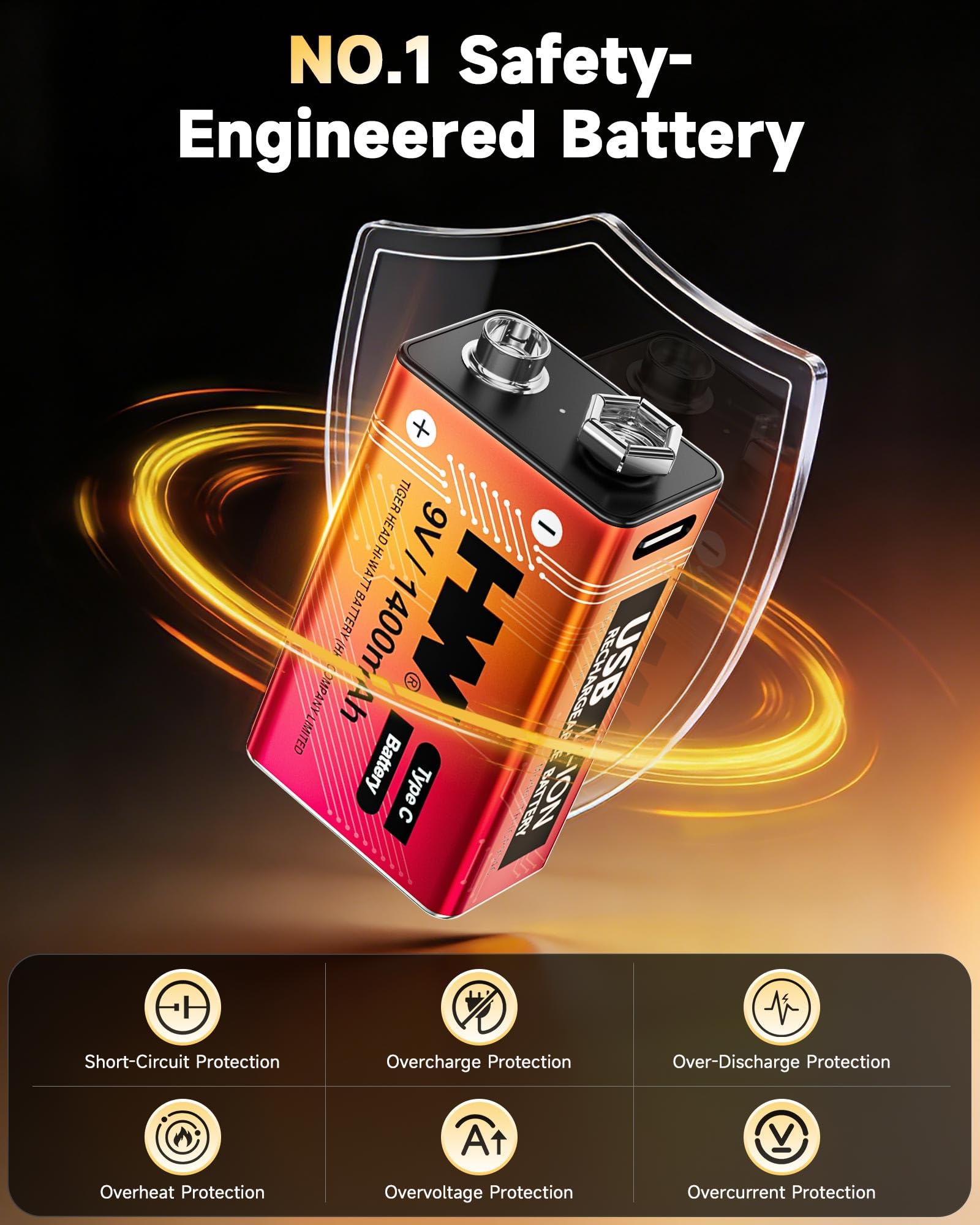 HW 9V Rechargeable Battery 1400mAh USB-C

