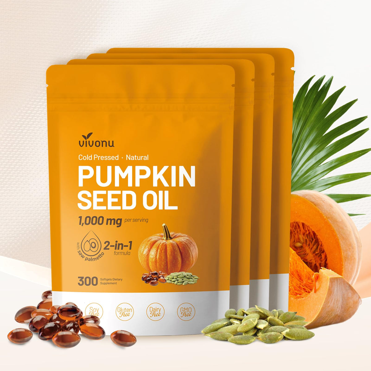 VivoNu Pumpkin Seed Oil with Saw Palmetto Capsules – Cold-Pressed, Non-GMO