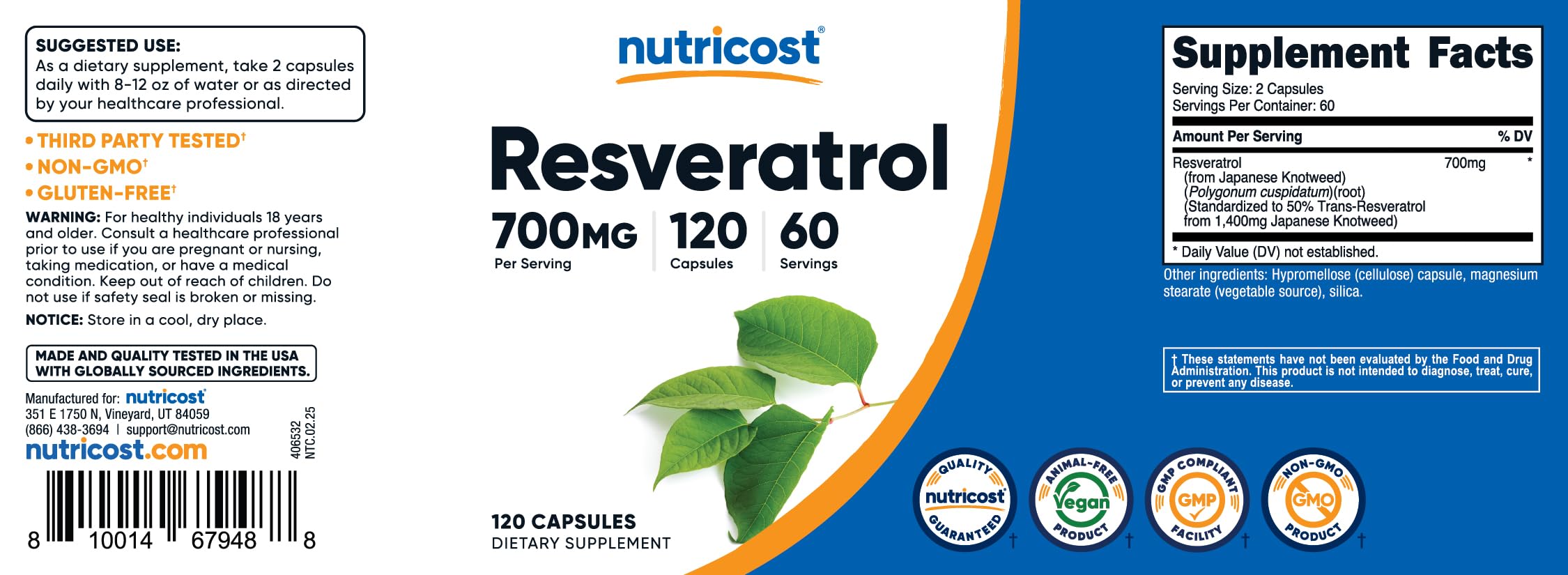 Nutricost Resveratrol 700mg Vegan Capsule Supplement

