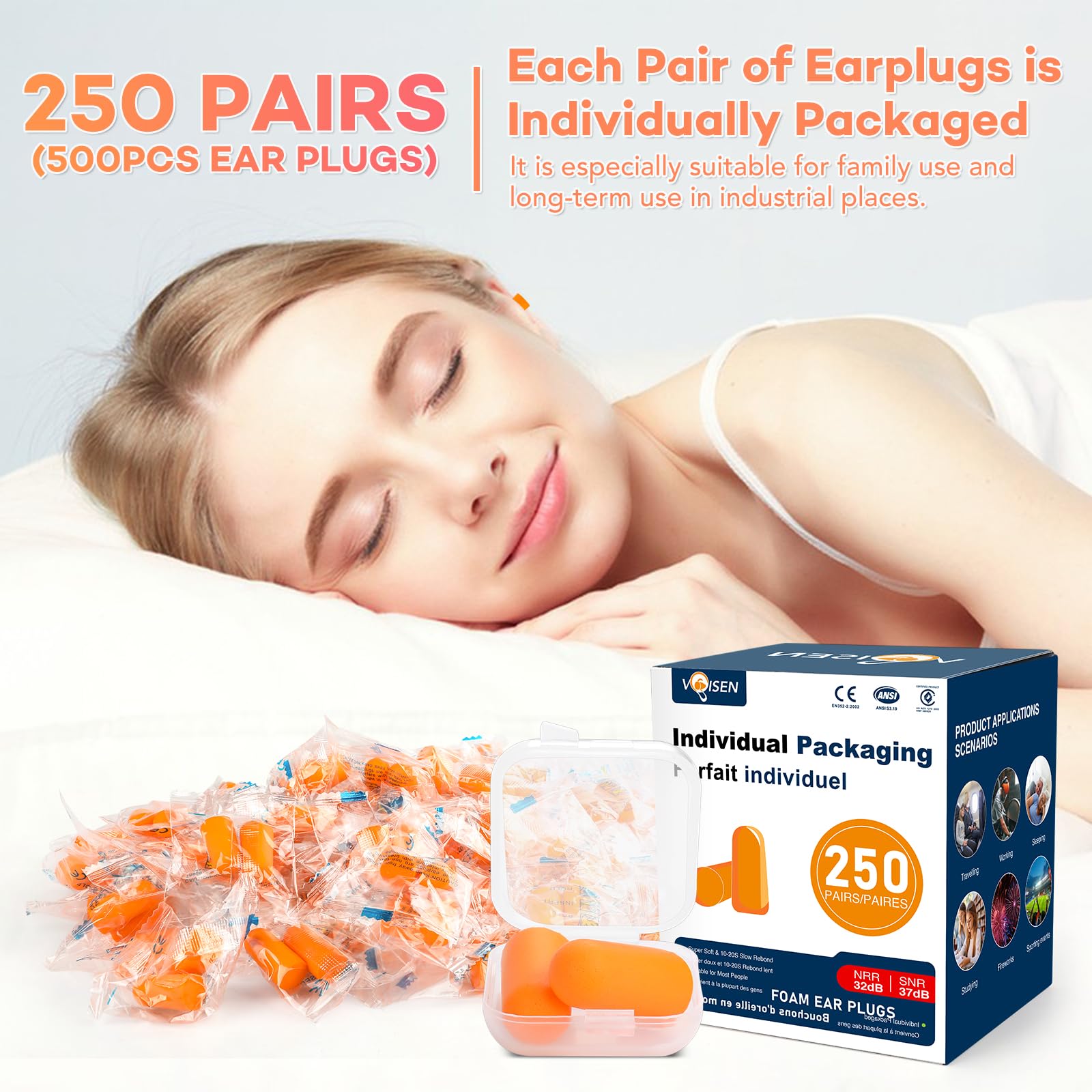 VOISEN Ear Plugs for Sleeping 32dB NRR Soft Foam

