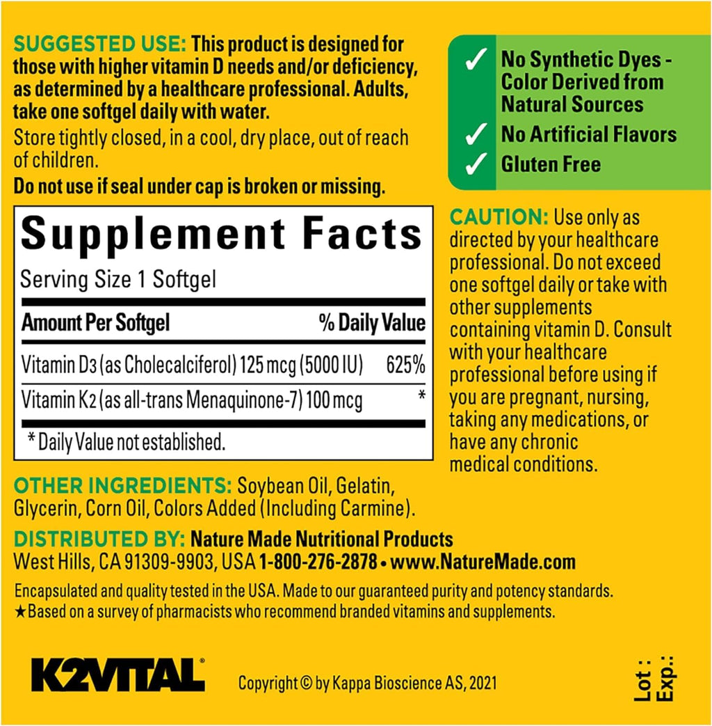 Nature Made Vitamin D3 K2 Softgels 5000 IU for Bone Health

