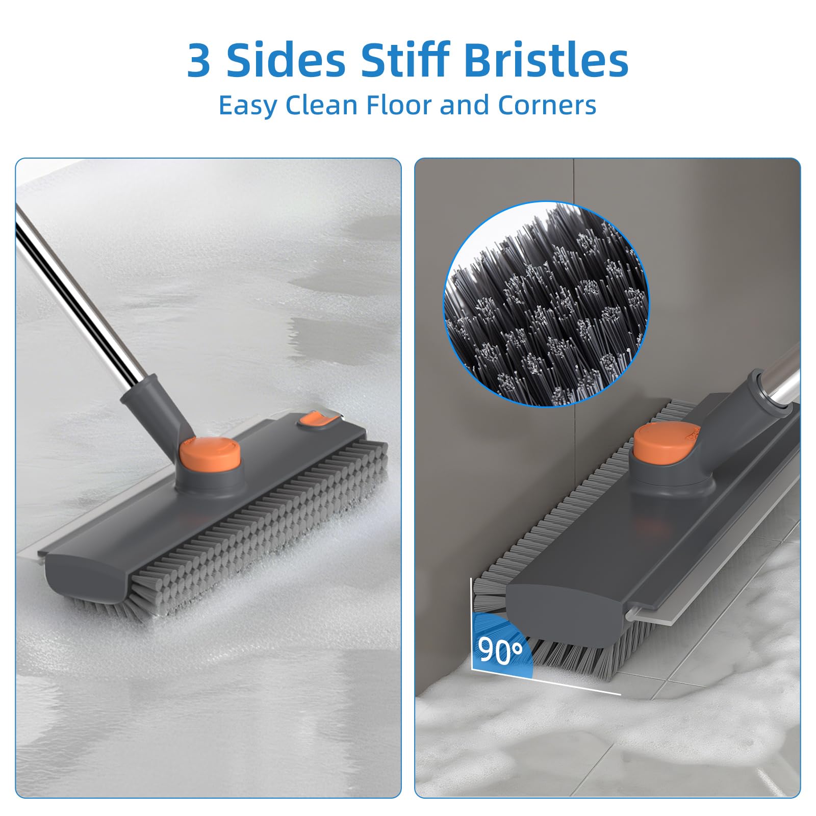 Scrub Brush with Long Handle 3-in-1 Floor Scrubber Squeegee

