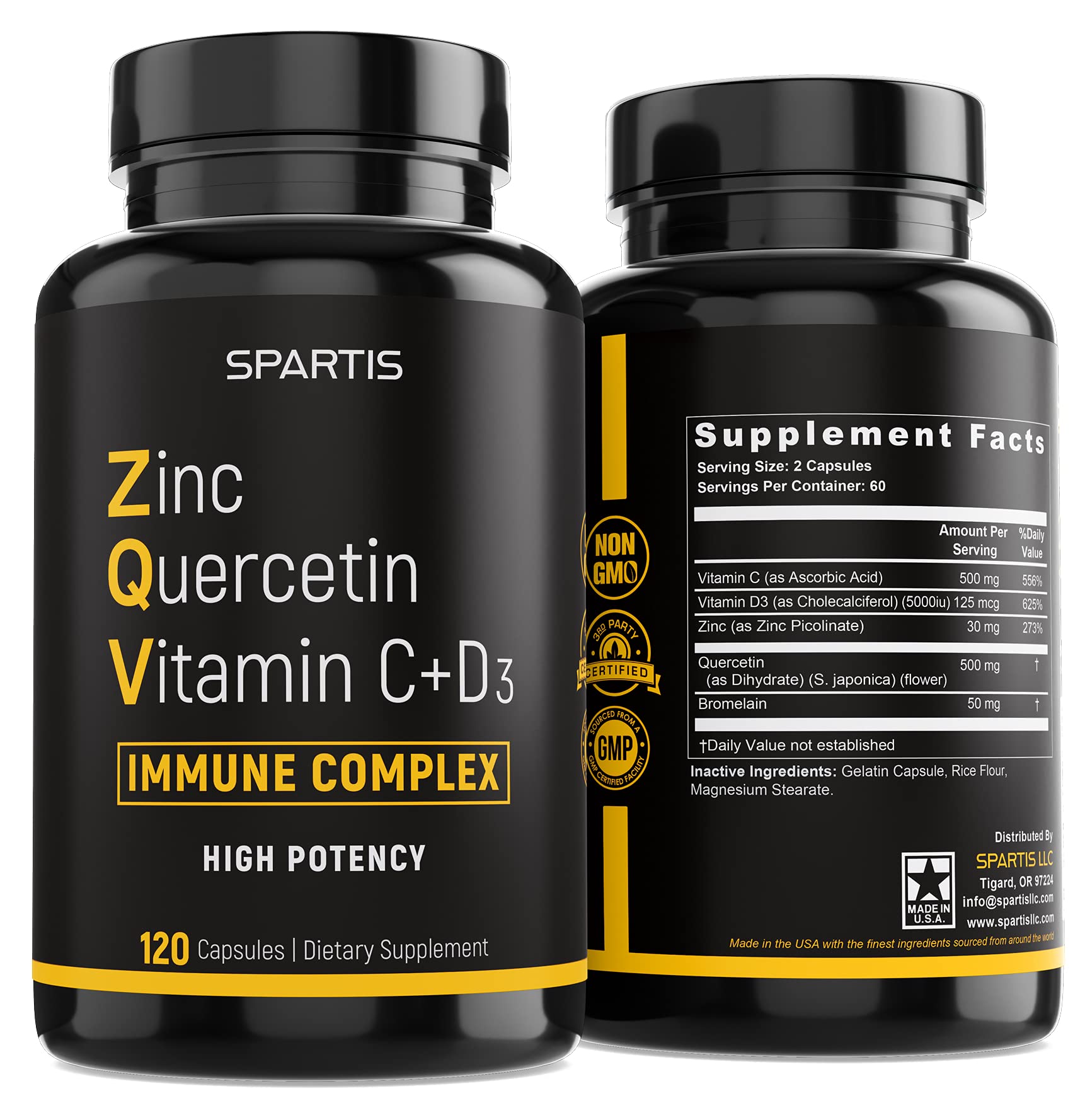 SPARTIS Zinc Quercetin Immune Support with C, D3, Bromelain

