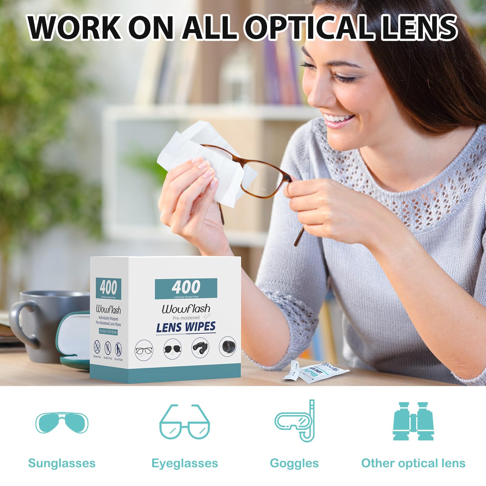 WOWFLASH Lens Wipes for Eyeglasses Streak-Free Cleaning

