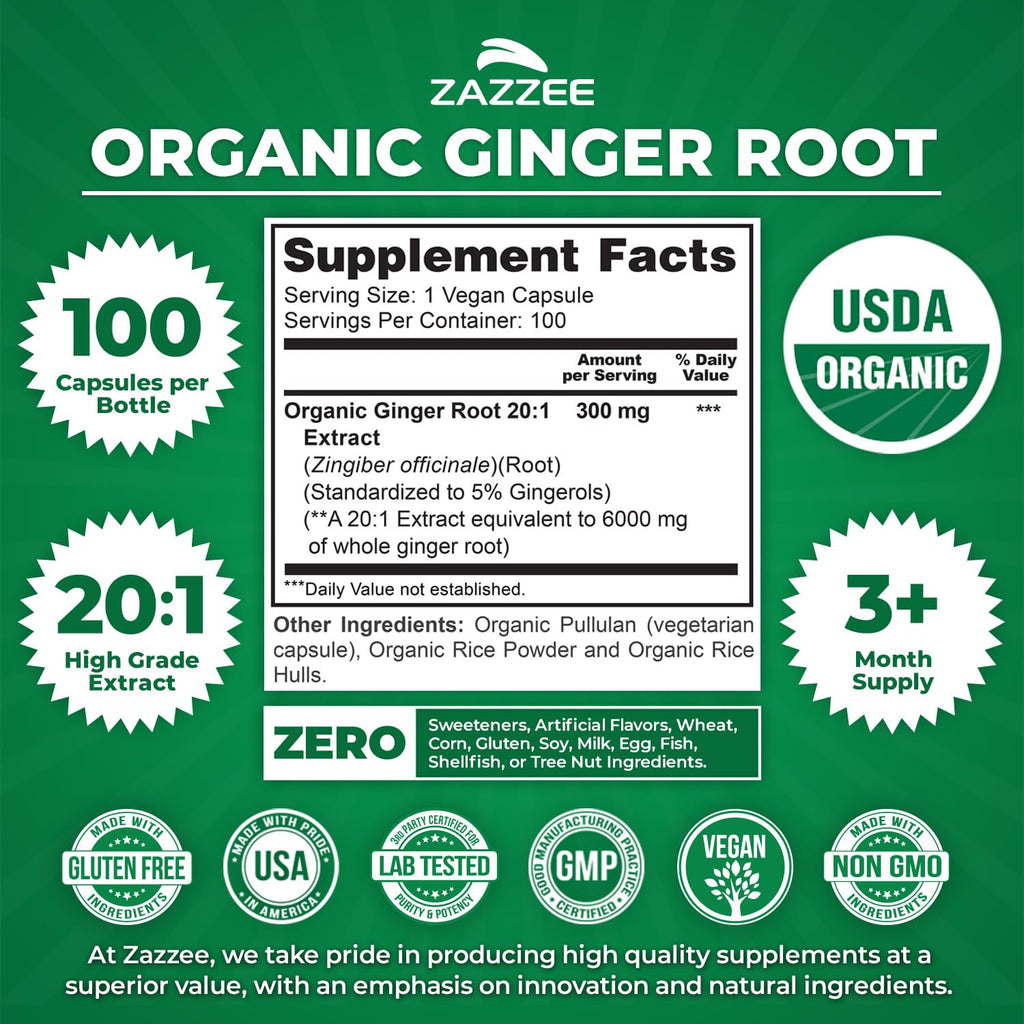 Zazzee Organic Ginger Root Extract - Digestive Support

