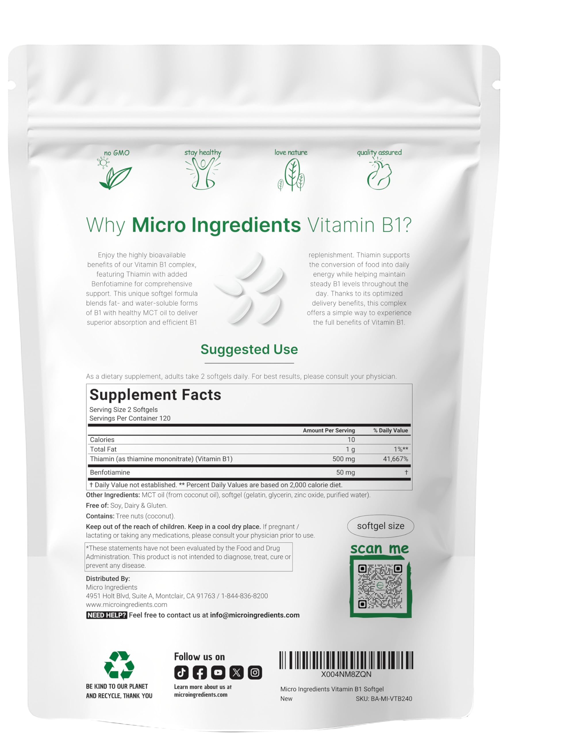 Vitamin B1 Thiamine with Benfotiamine & MCT Oil

