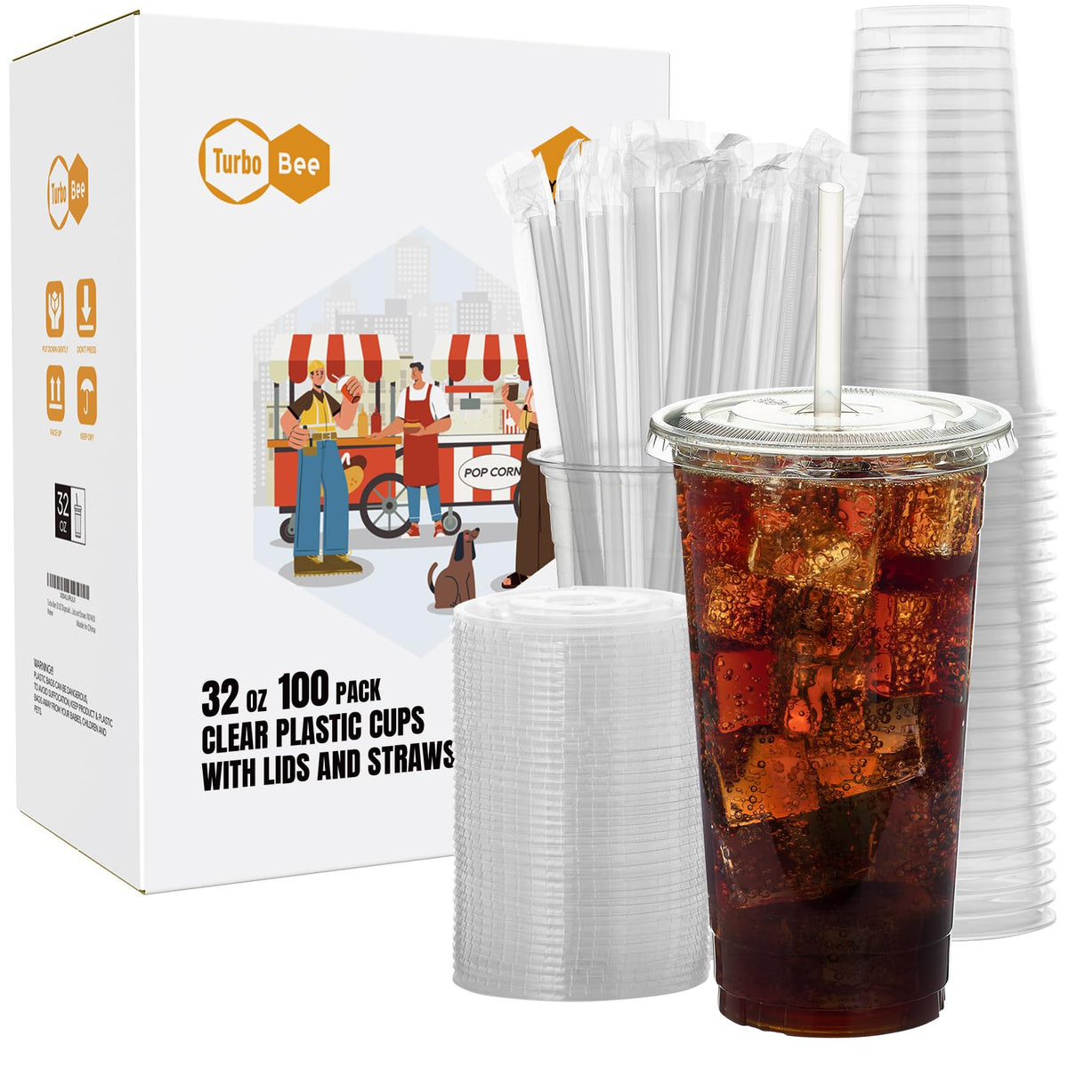 Turbo Bee Plastic Cups with Lids & Straws for To-Go Cold Drinks