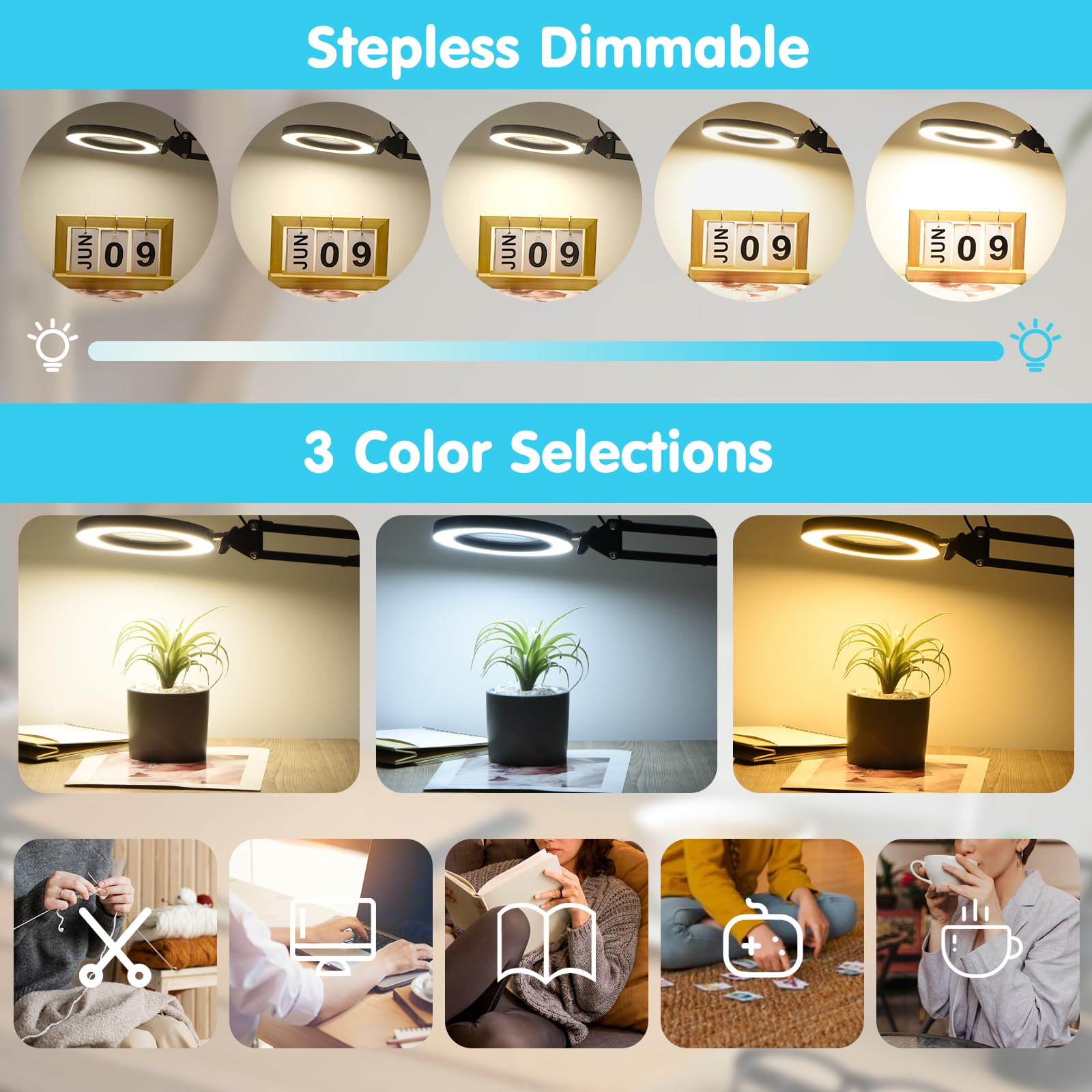 LED Magnifier Desk Lamp with 5-Dopter Lens - 3 Color Modes

