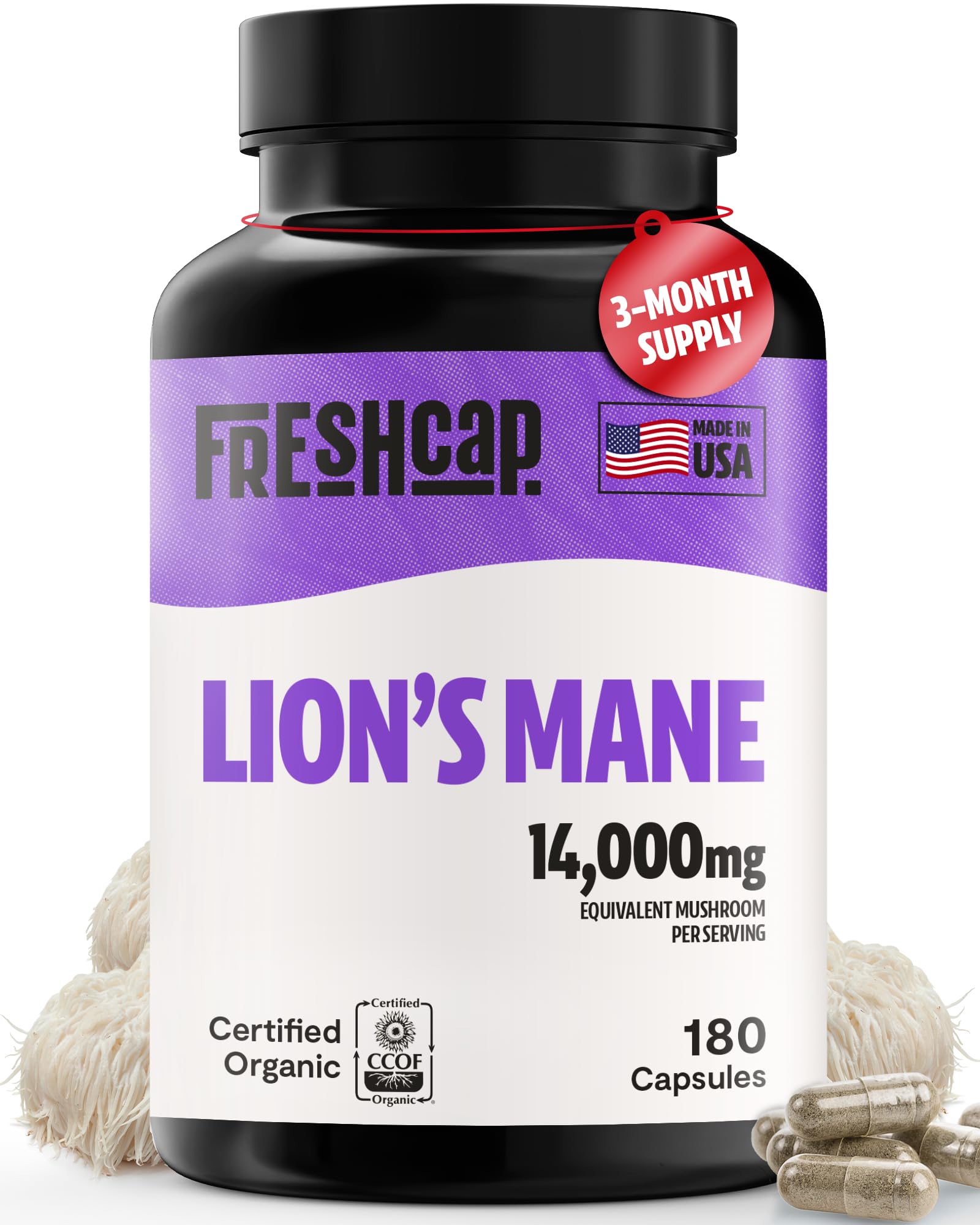 FreshCap Mushrooms Lion's Mane Capsules - 14:1 Organic Fruiting Body Extract, 31% Beta-Glucans