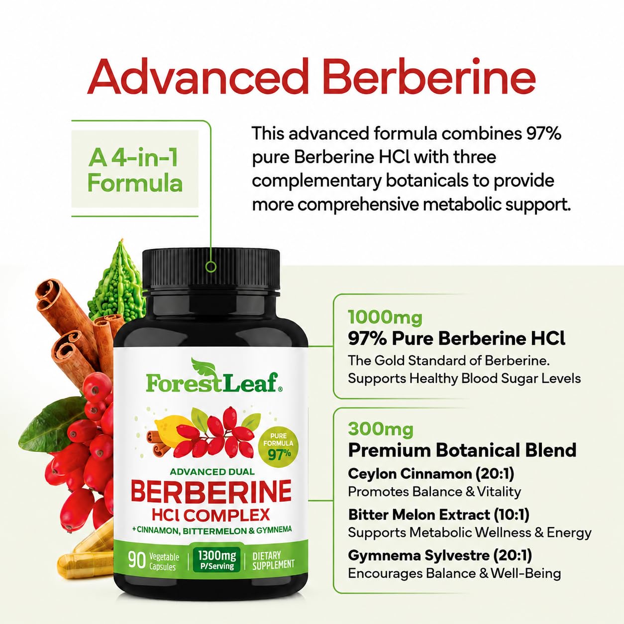 ForestLeaf Berberine HCl 1300mg Complex with Cinnamon & Gymnema

