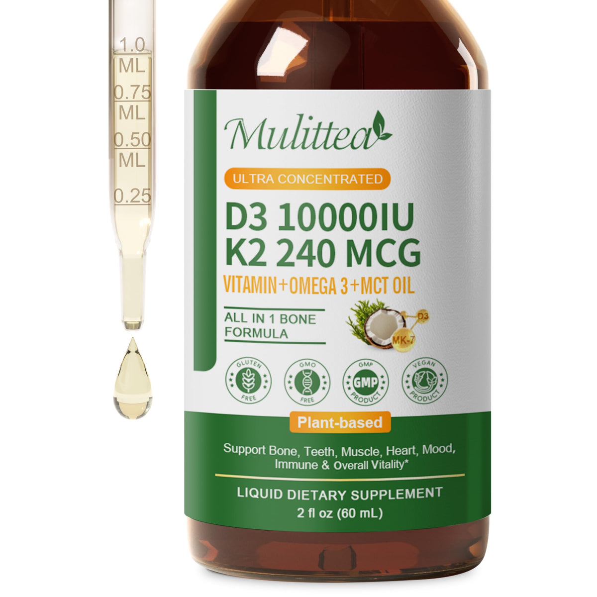 Plant-Based Vitamin D3 K2 Liquid with Omega-3 and Coconut MCT Oil