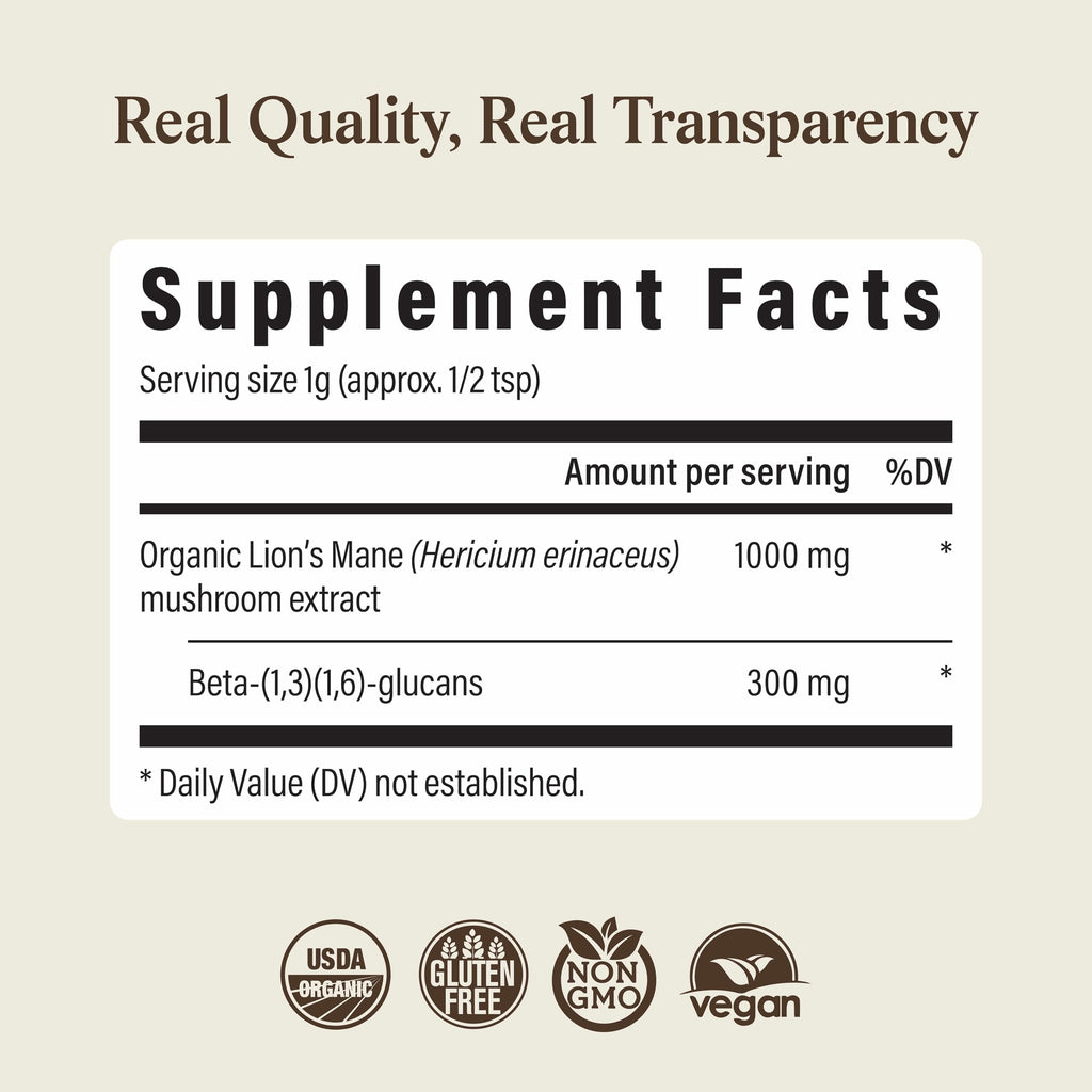 Real Mushrooms Lion's Mane Mushroom Powder Extract - Organic

