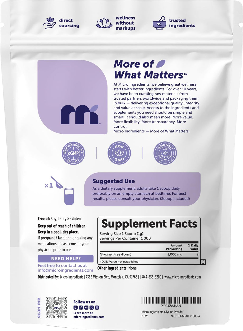 Micro Ingredients Glycine Powder 1000 mg per Serving

